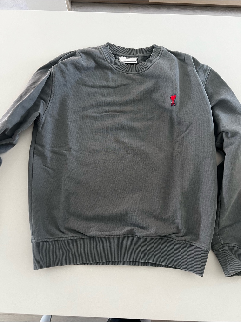 Ami Men's Slate Gray Crewneck Sweatshirt with Red Heart Patch